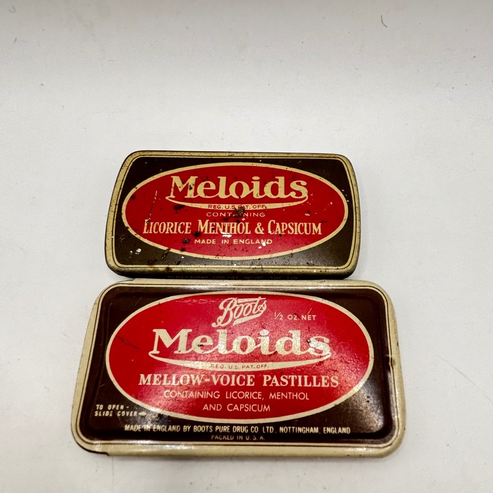 Vintage Meloids Tin‎ Set Boots Mellow Voice Pastilles Licorice Menthol England